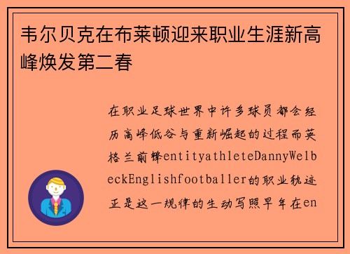 韦尔贝克在布莱顿迎来职业生涯新高峰焕发第二春